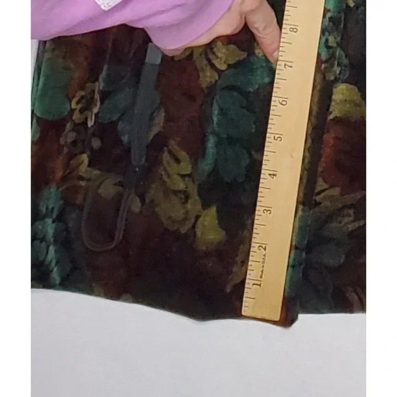 Vintage Floral Velvet Midi Dress 8 Long Sleeve Pleated Gold Buckle Lined70s - Picture 8 of 12